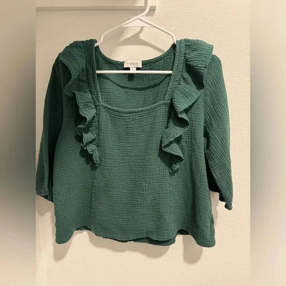 Evereve Francine Ruffle Gauze Square Neck Top Emerald Green Size Large - Picture 2 of 4